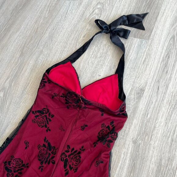 Y2K Red & Black Glitter Rose Sheer Applique Halter Dress Mall Goth Emo Vampire - Picture 7 of 8